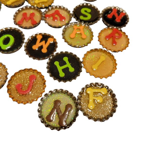 Handmade Alphabet Bottlecap Magnets Set of 34 - Resin, Fridge Decor - Picture 3 of 16